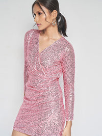 AND V-Neck Sequin Embellished Mini Wrap Dress