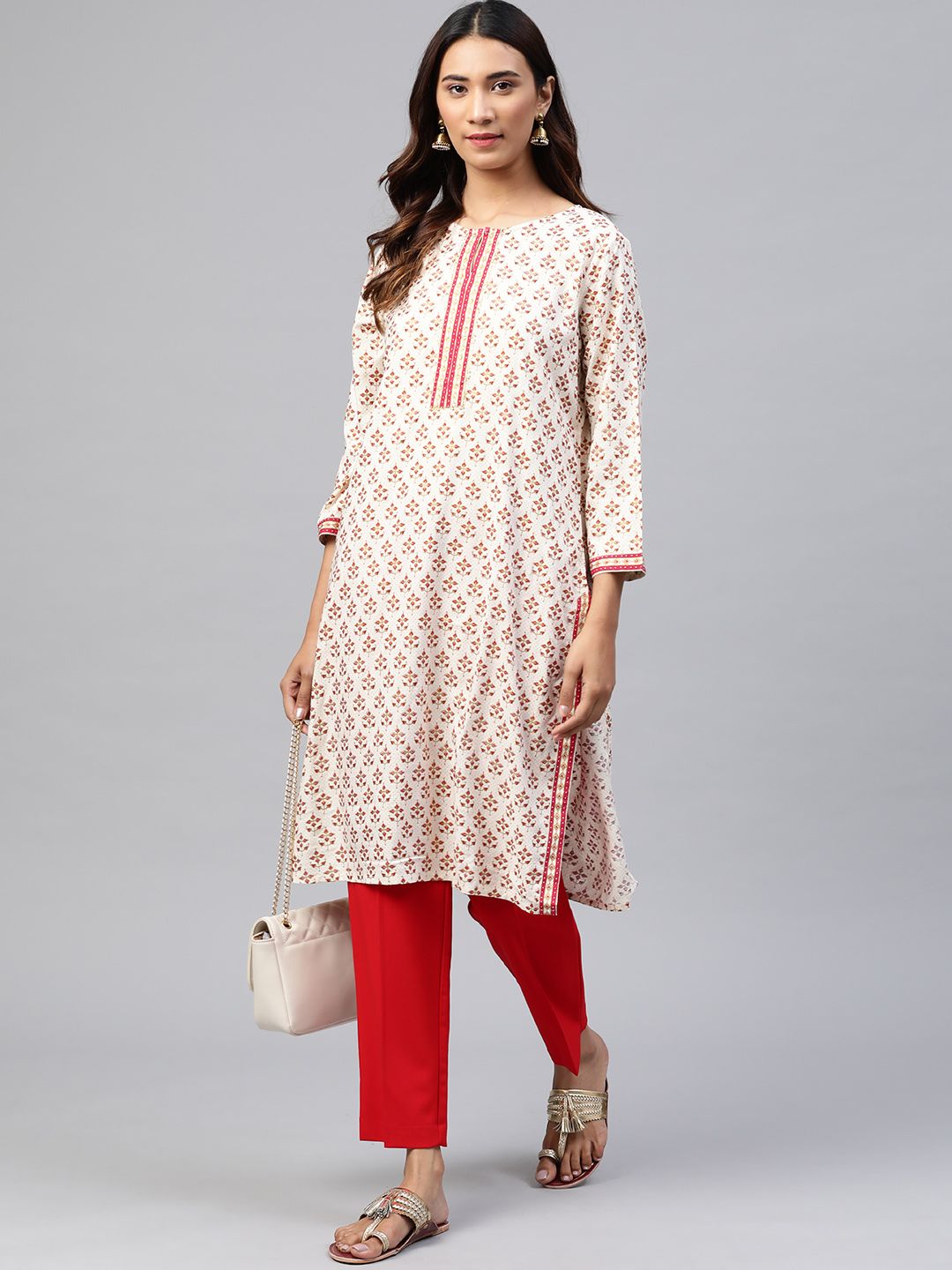 Global Desi Women Off White & Magenta Ethnic Print Ecovero Keyhole Neck Sequins Kurta