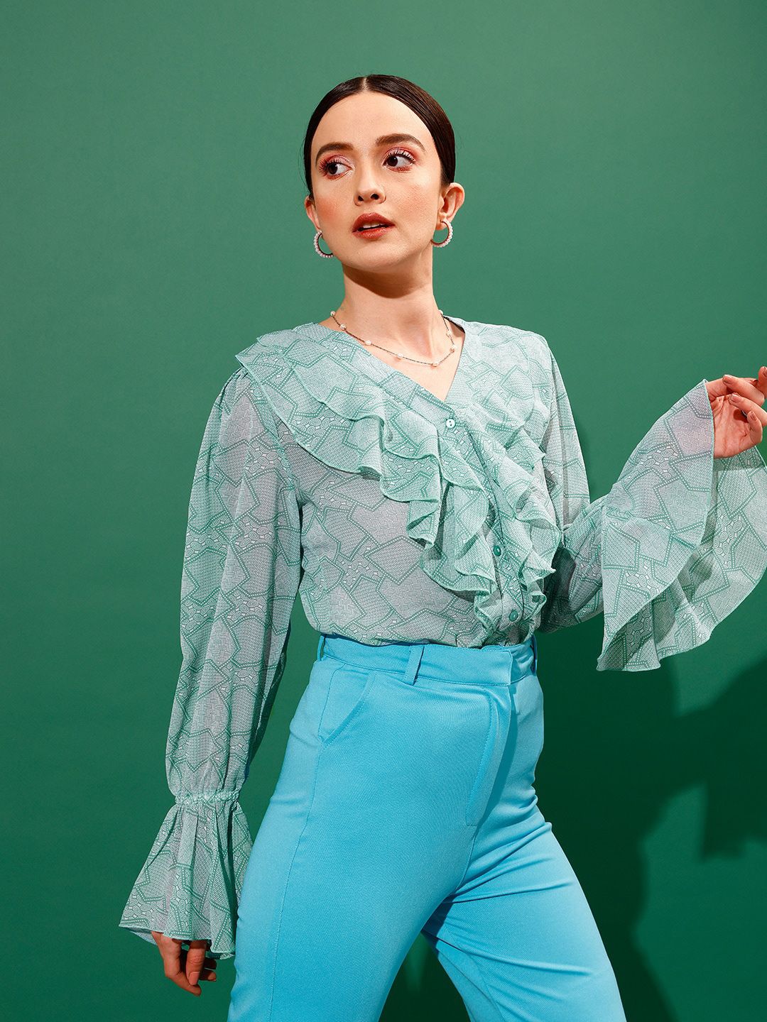 STREET 9 Ethnic Motifs Printed V Neck Ruffles Shirt Style Top