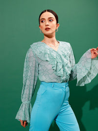 STREET 9 Ethnic Motifs Printed V Neck Ruffles Shirt Style Top
