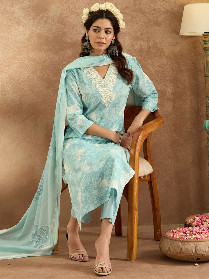 Indo Era Women Floral Embroidered Pure Cotton Kurta with Trousers & Dupatta