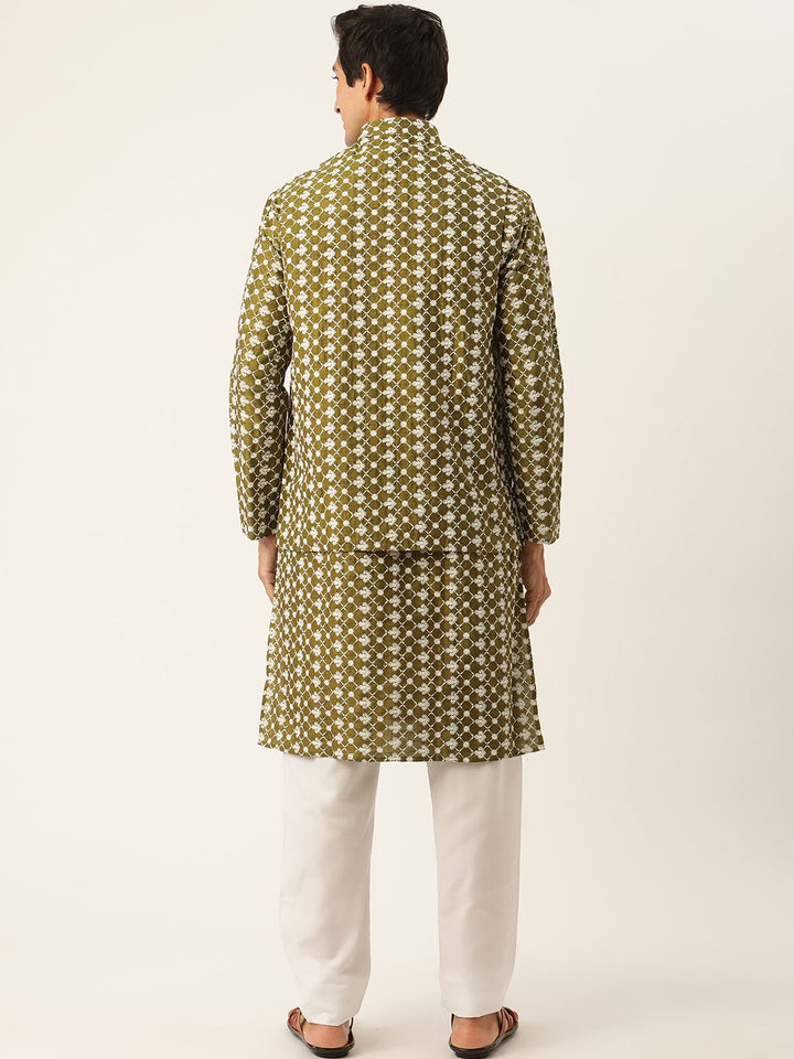 SOJANYA Set Kurta Sulam Lelaki Motif Etnik Hijau Dengan Jaket Nehru