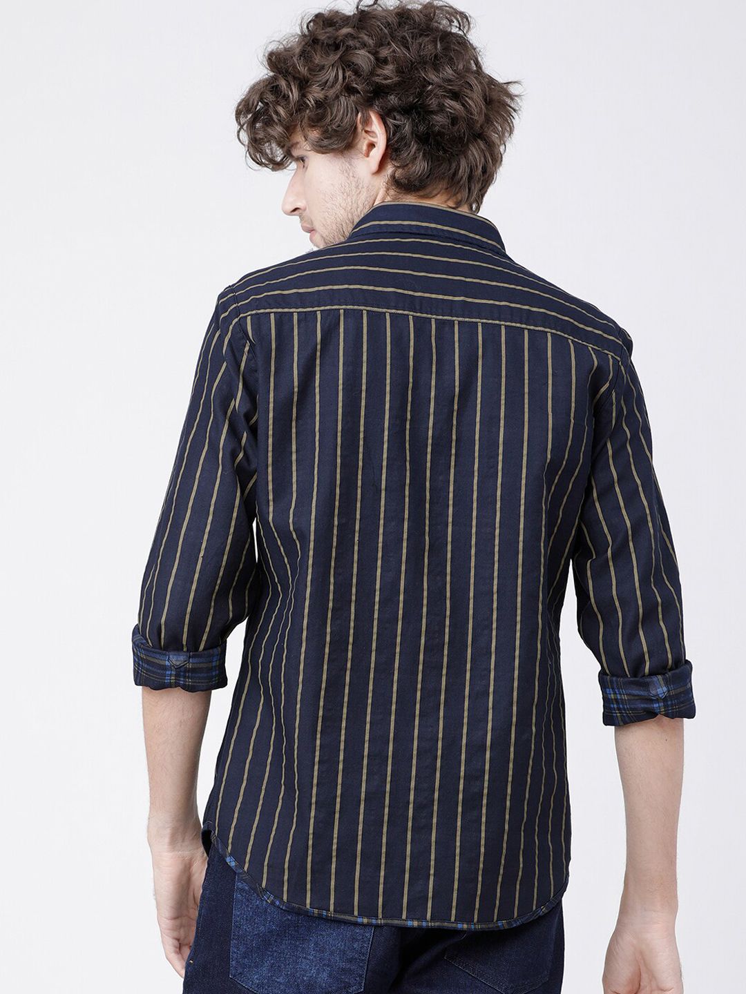 HIGHLANDER Men Navy Blue & Olive Green Slim Fit Striped Reversible Casual Shirt