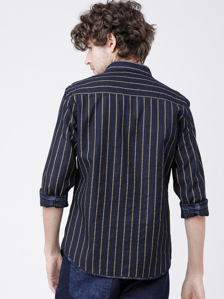 HIGHLANDER Men Navy Blue & Olive Green Slim Fit Striped Reversible Casual Shirt