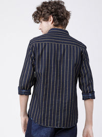 HIGHLANDER Men Navy Blue & Olive Green Slim Fit Striped Reversible Casual Shirt