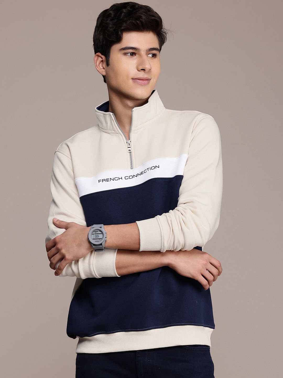 French Connection Colourblocked Mock Collar Sweatshirt