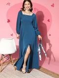 Berrylush Women Stunning Blue Solid Peekaboo Bottom Dress