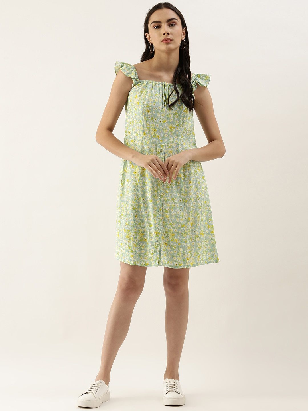 AND Green Floral Printed A-Line Dress