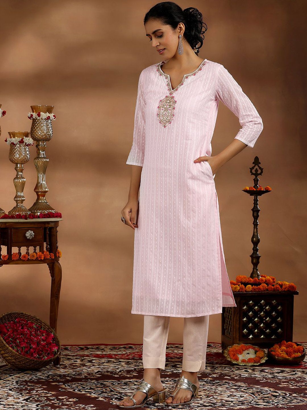 Libas Floral Yoke Design Cotton Straight Kurta