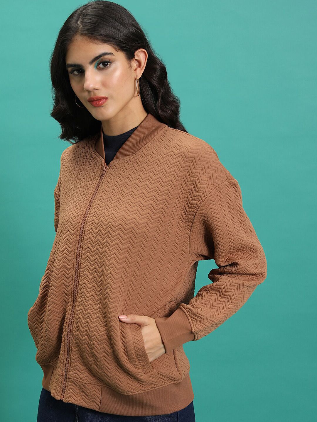 Tokyo Talkies Brown Chevron Textured Bomber Jacket