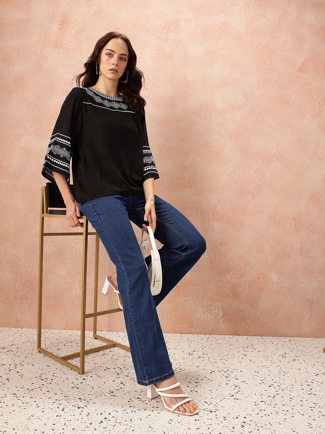 all about you Embroidered Flared Sleeve Top