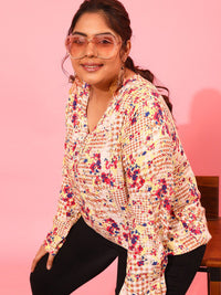 CURVY STREET V-Neck Floral Printed Cuff Sleeves Top
