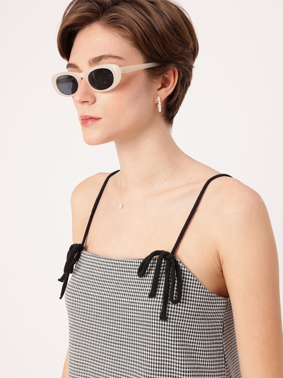 DressBerry Girly Touch Monochrome Strappy Bows Checked A-Line Mini Dress