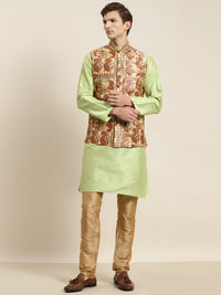 SOJANYA Men Green Striped Kurta with Churidar & Nehru Jacket