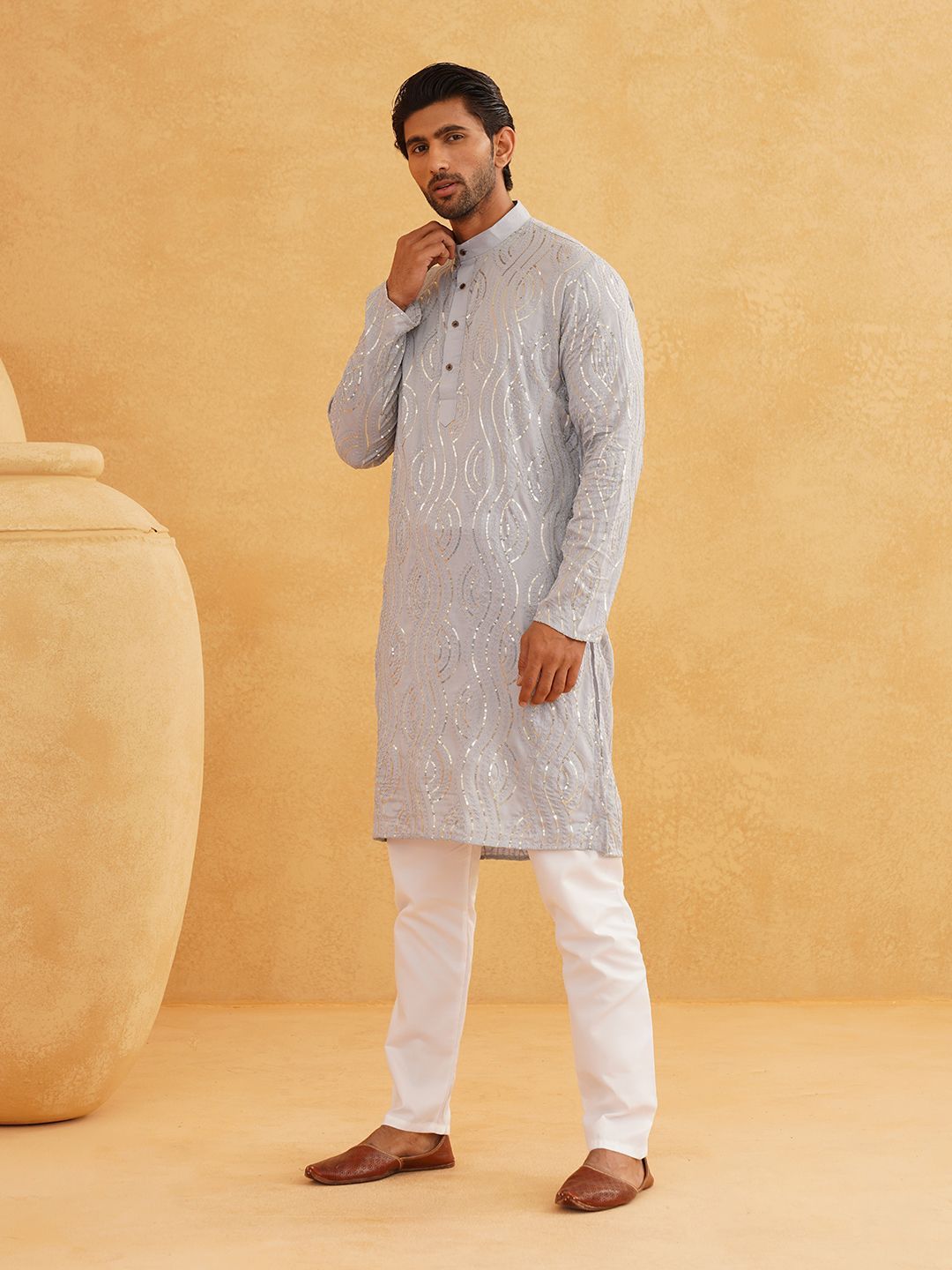 SOJANYA Woven Design Embroidered Sequinned  Band Collar Pure Cotton Kurta With Pyjama