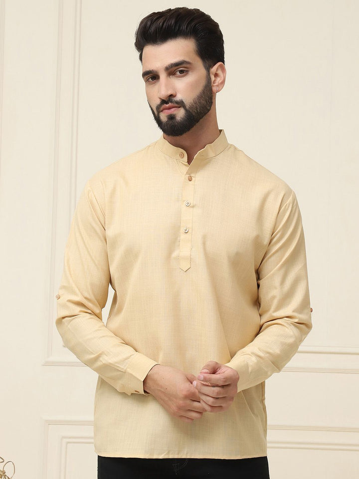 SOJANYA Band Collar Neck Roll-Up Sleeves Regular Pure Cotton Straight Kurta