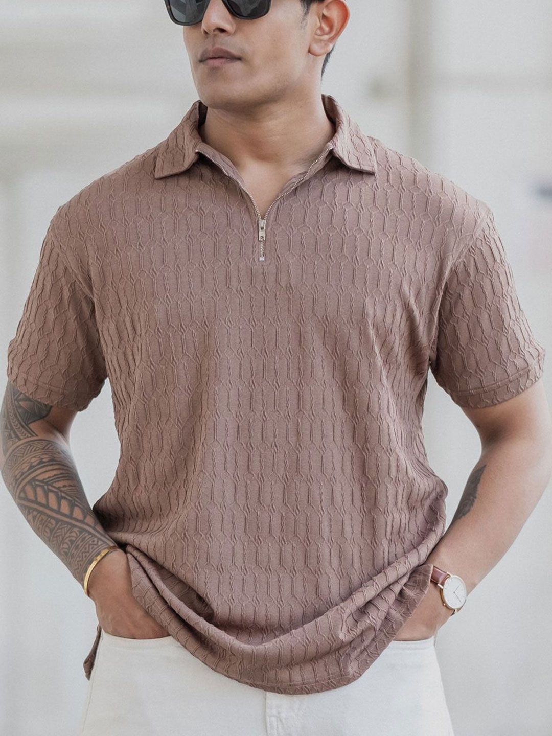 Powerlook Men Self Design Polo Collar Cotton T-shirt