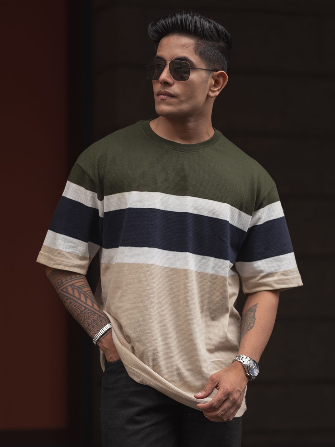 Powerlook Men Colourblocked Round Neck Oversized T-shirt