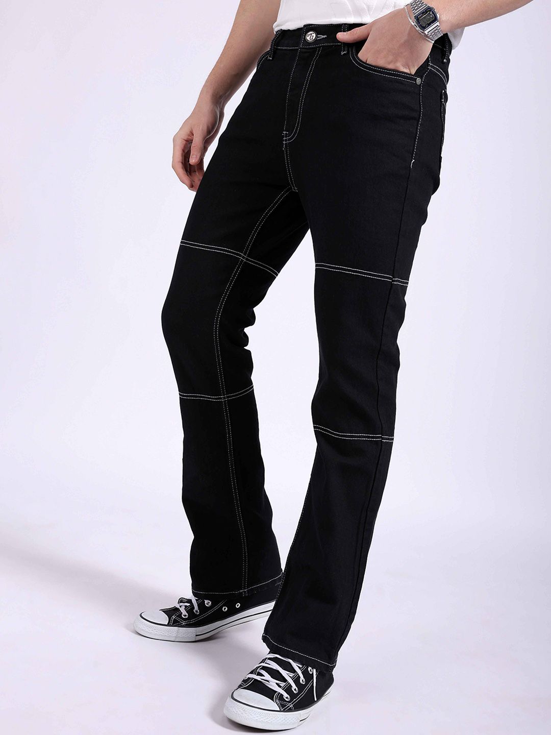 The Indian Garage Co Men Bootcut Contrast Stitch Mid Rise Cotton Jeans