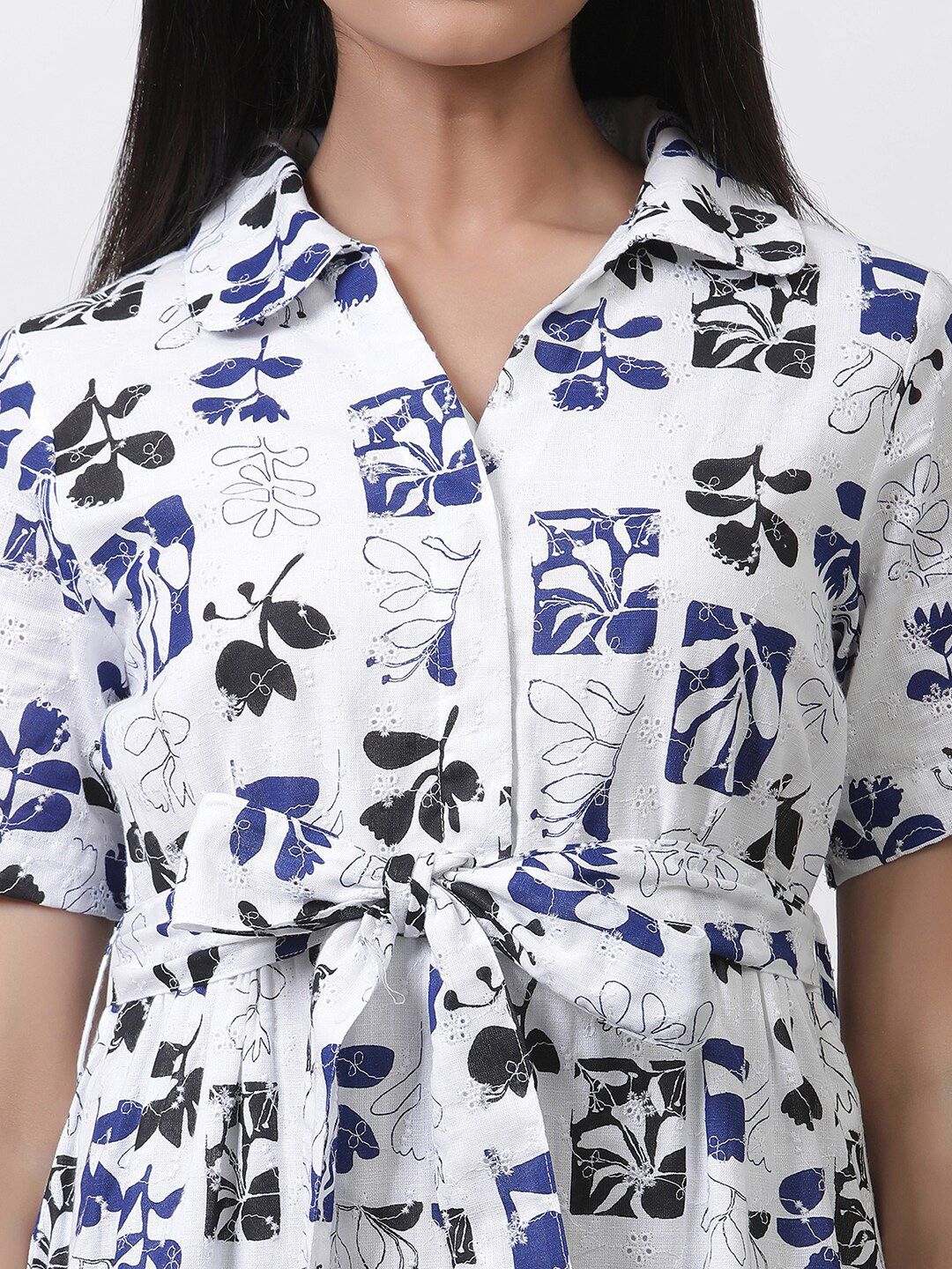 W Floral Printed Shirt Collar Short Sleeves Maxi Shirt Dress