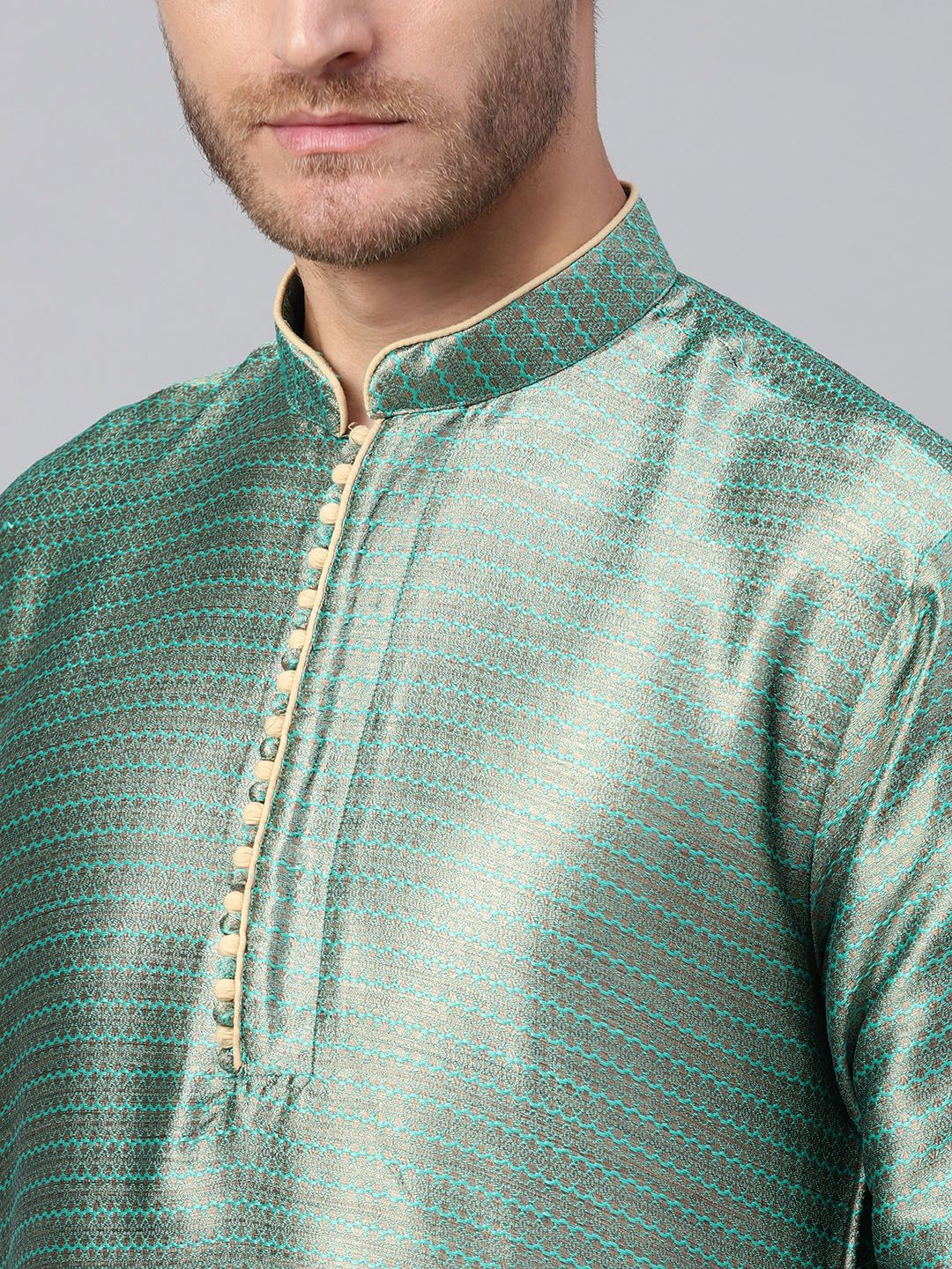 SOJANYA Men Sea Green & Beige Woven Design Straight Kurta
