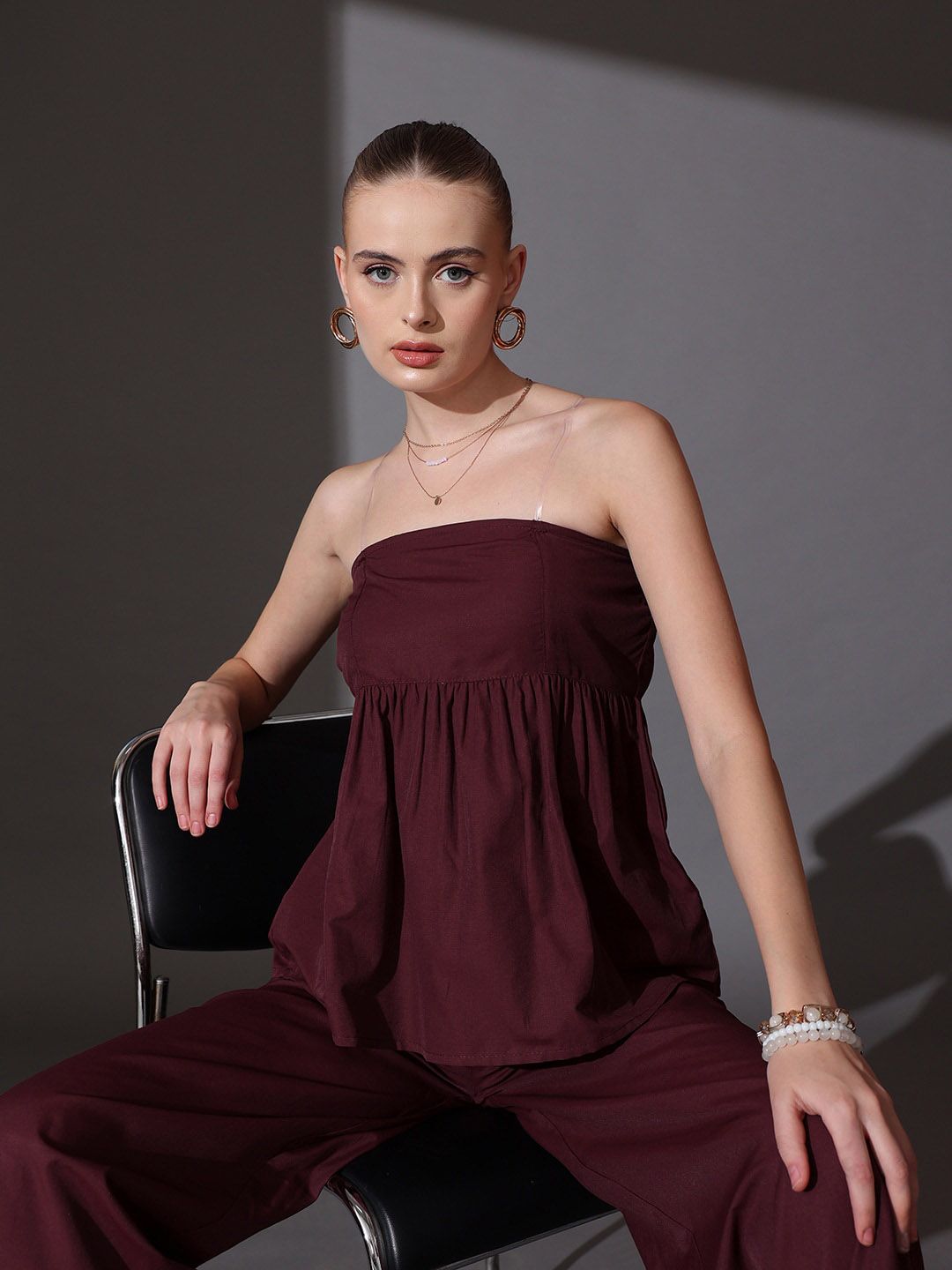 STREET 9 Solid Off Shoulder Pure Cotton Top & Palazzos Co-Ord Set
