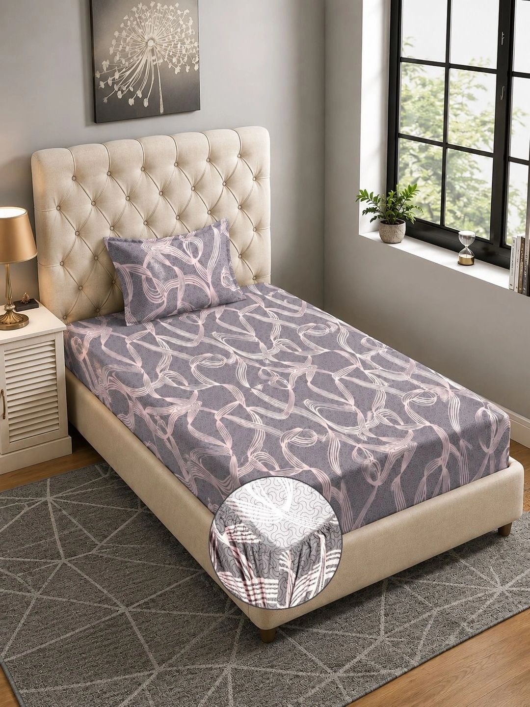 Moda Rapido X KLOTTHE Grey & Pink 300 TC Single Bedsheet with 1 Pillow Covers