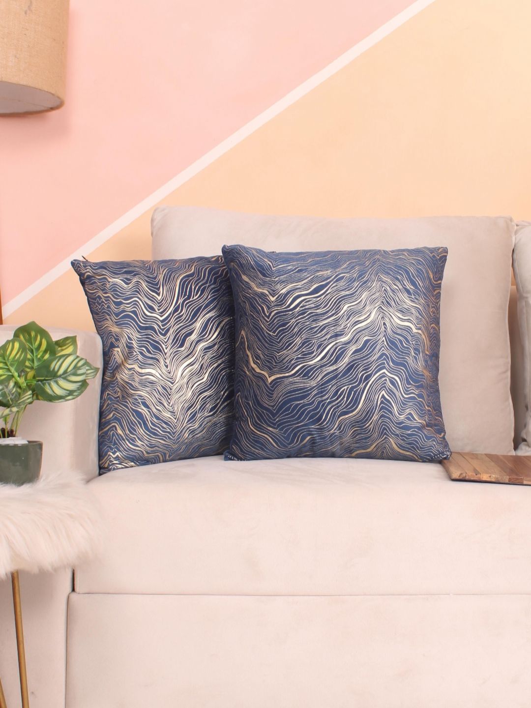 STITCHNEST Blue & Gold-Toned 5 Pieces Abstract Velvet Square Cushion Covers