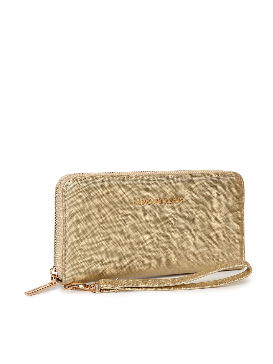 Lino Perros Women Gold-Toned Solid Zip Around Wallet with Detachable Wrist Loop