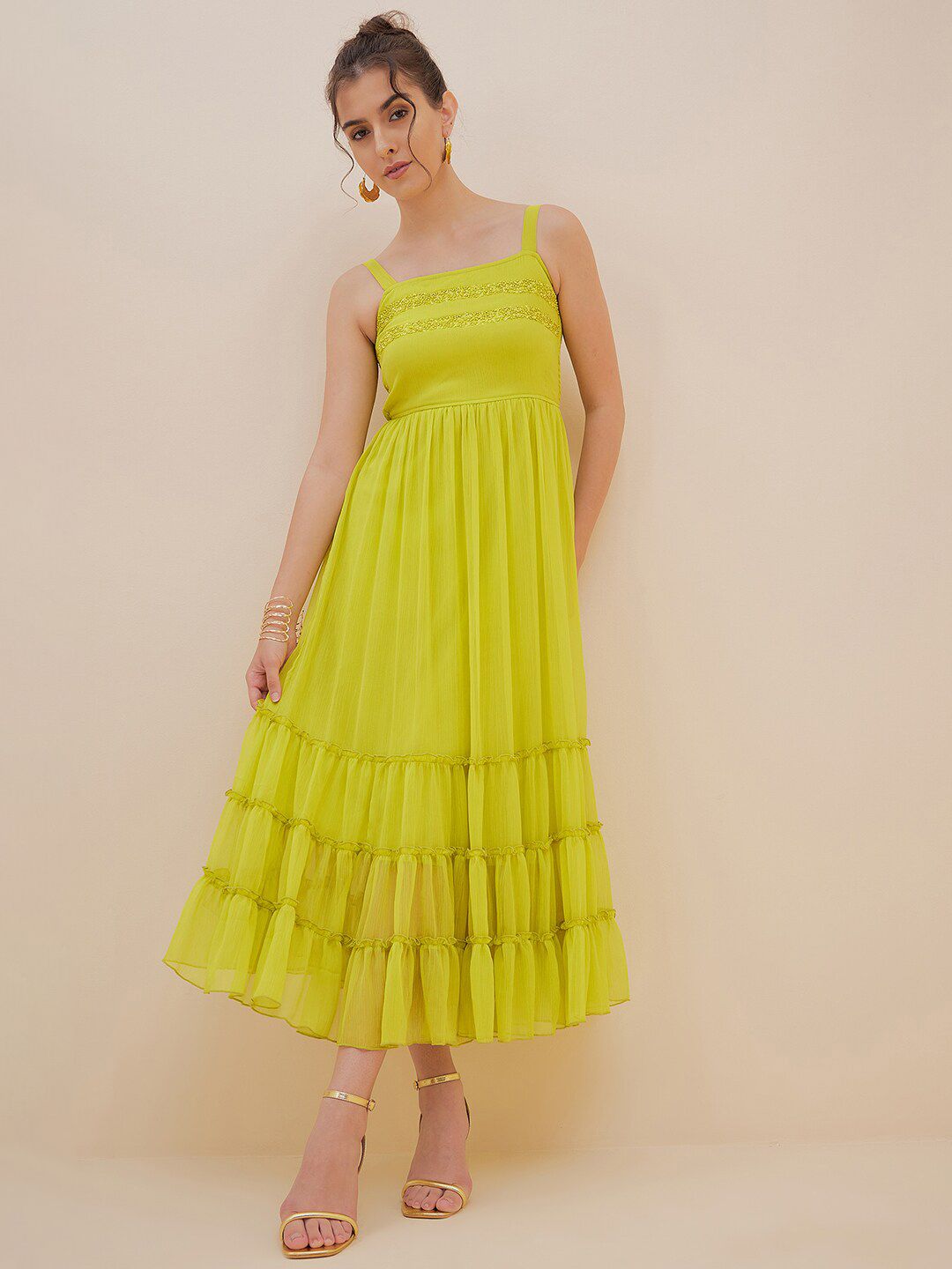 Antheaa Embellished Sequinned Tiered Chiffon Empire Midi Dress