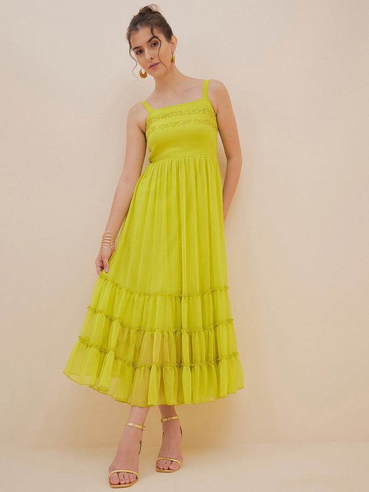 Antheaa Embellished Sequinned Tiered Chiffon Empire Midi Dress