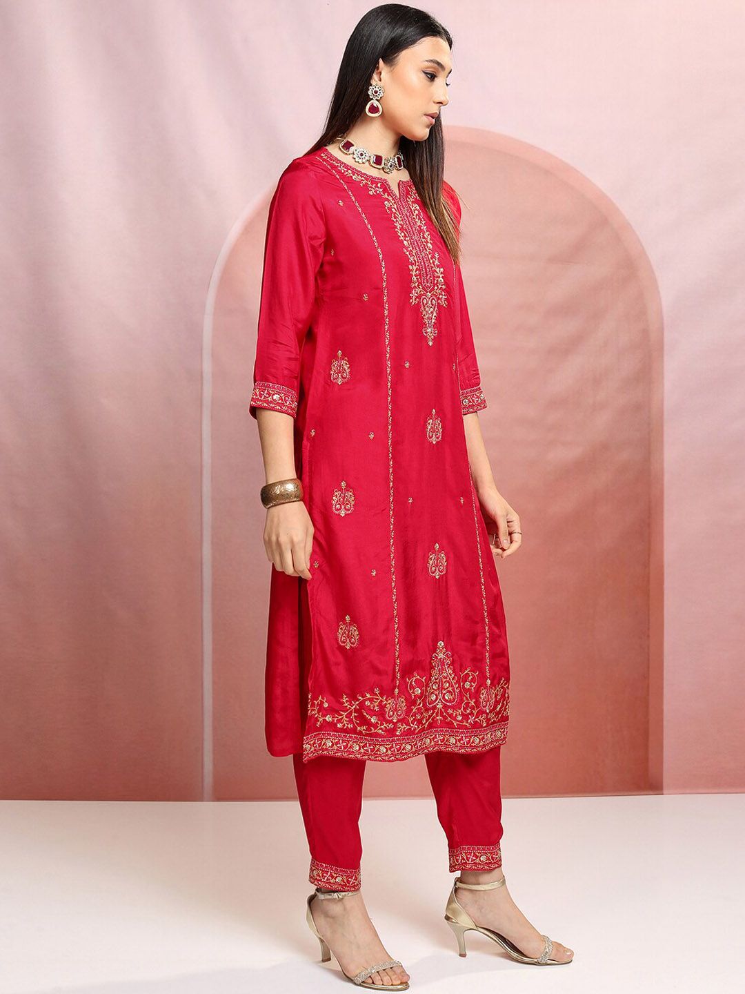 Vishudh Red Ethnic Motifs Embroidered Sequinned Straight Kurta With Trousers & Dupatta