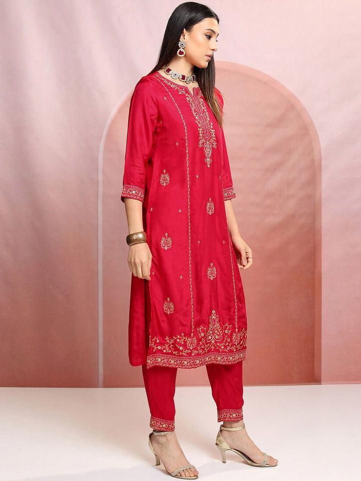 Vishudh Red Ethnic Motifs Embroidered Sequinned Straight Kurta With Trousers & Dupatta