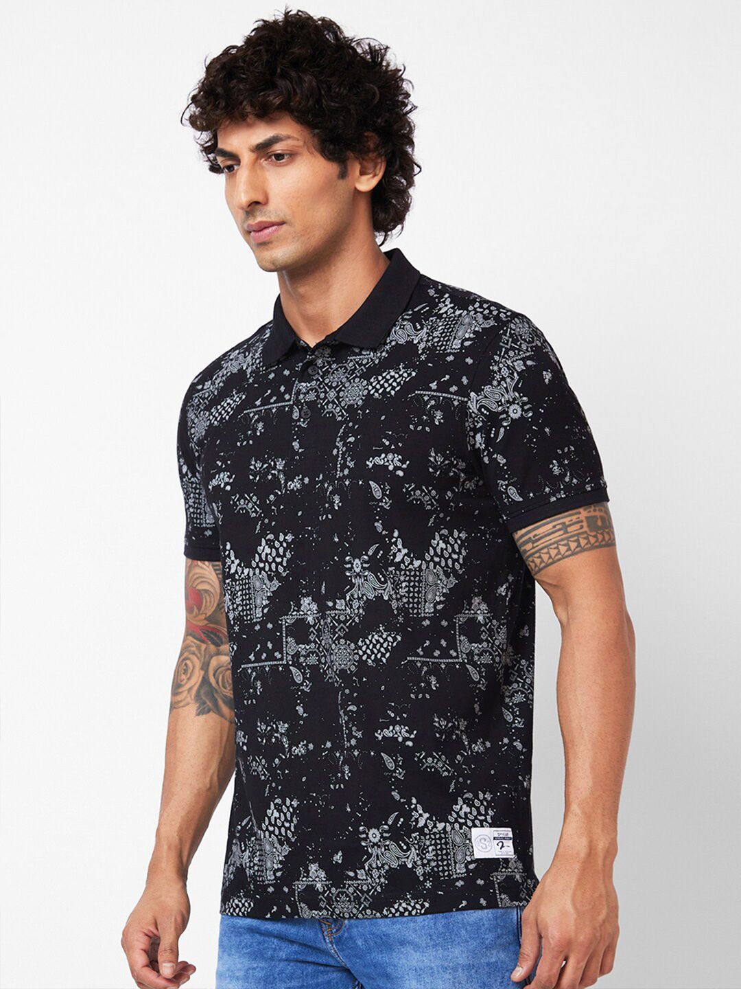 SPYKAR Abstract Printed Polo Collar Slim Fit T-shirt