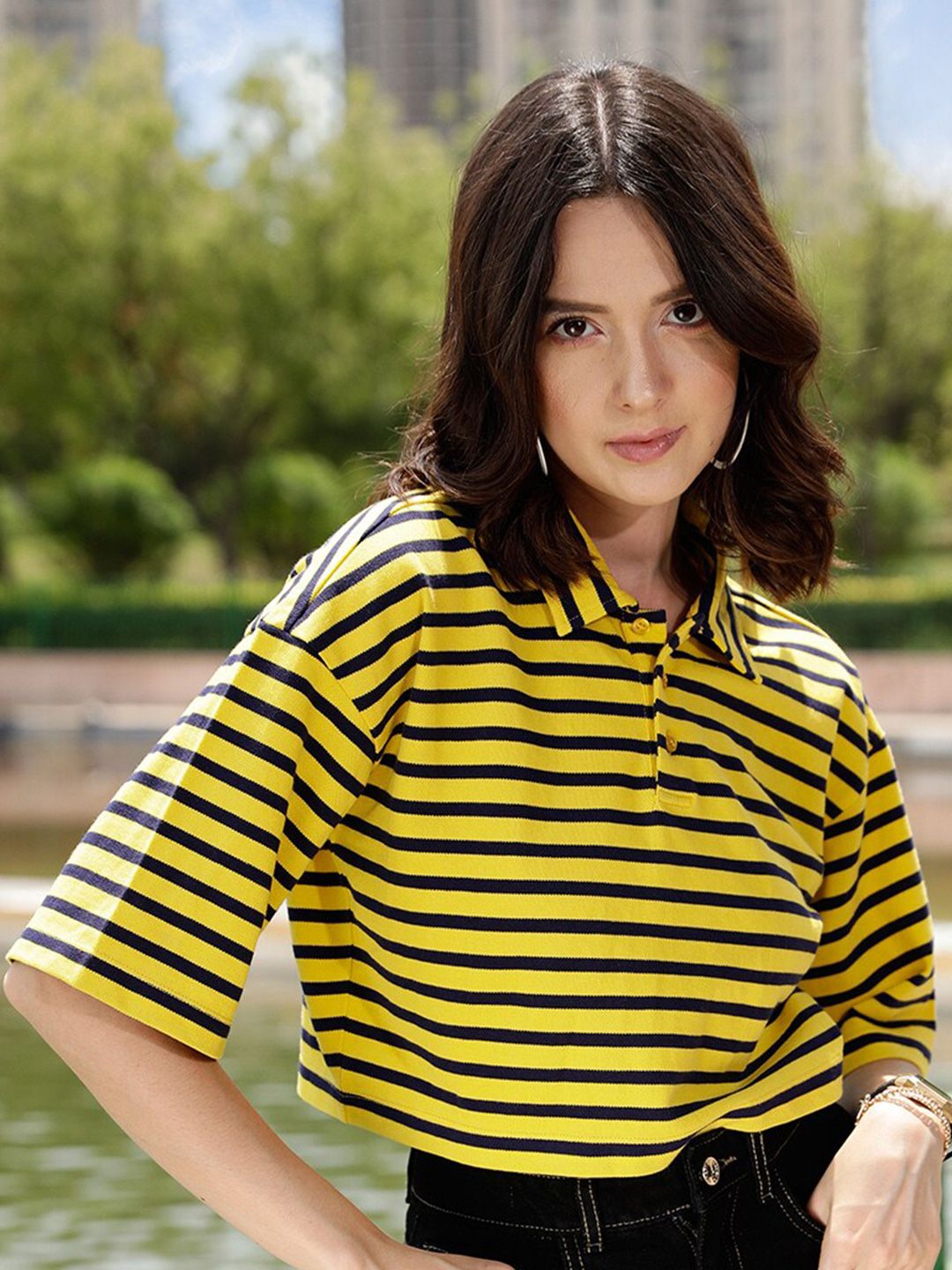STREET 9 Yellow Striped Polo Collar Pure Cotton T-shirt