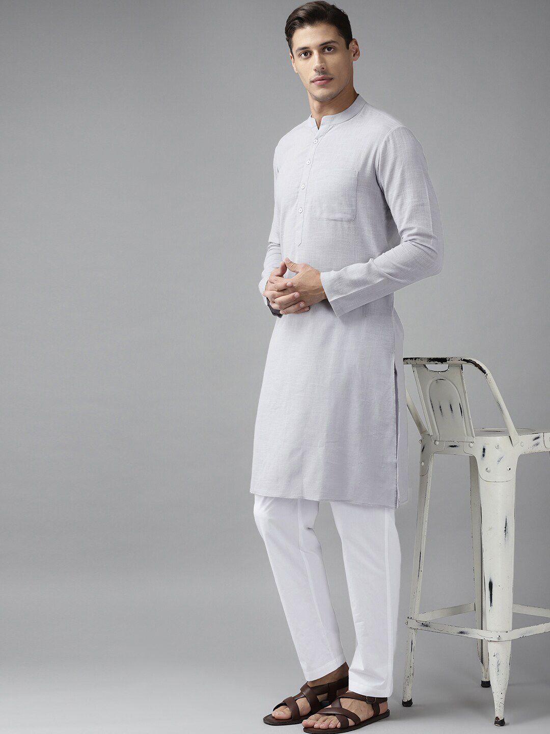 See Designs Men Cotton Grey Straight Kurta With Slub Effect