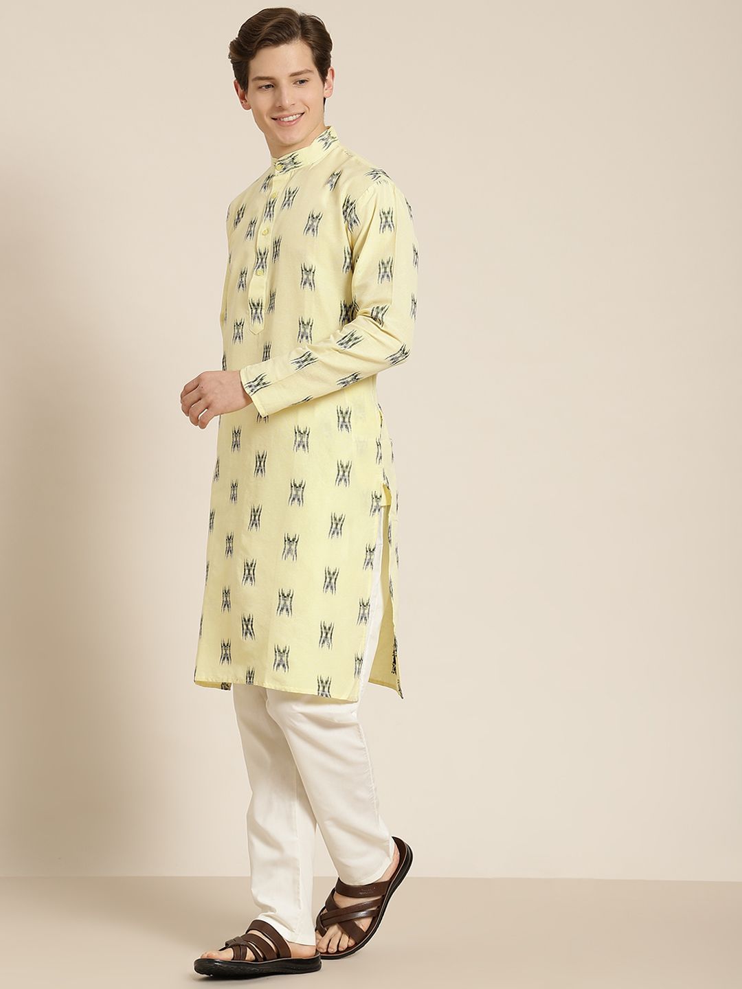 SOJANYA Lelaki Kuning & Hitam Pure Cotton Self Design Kurta
