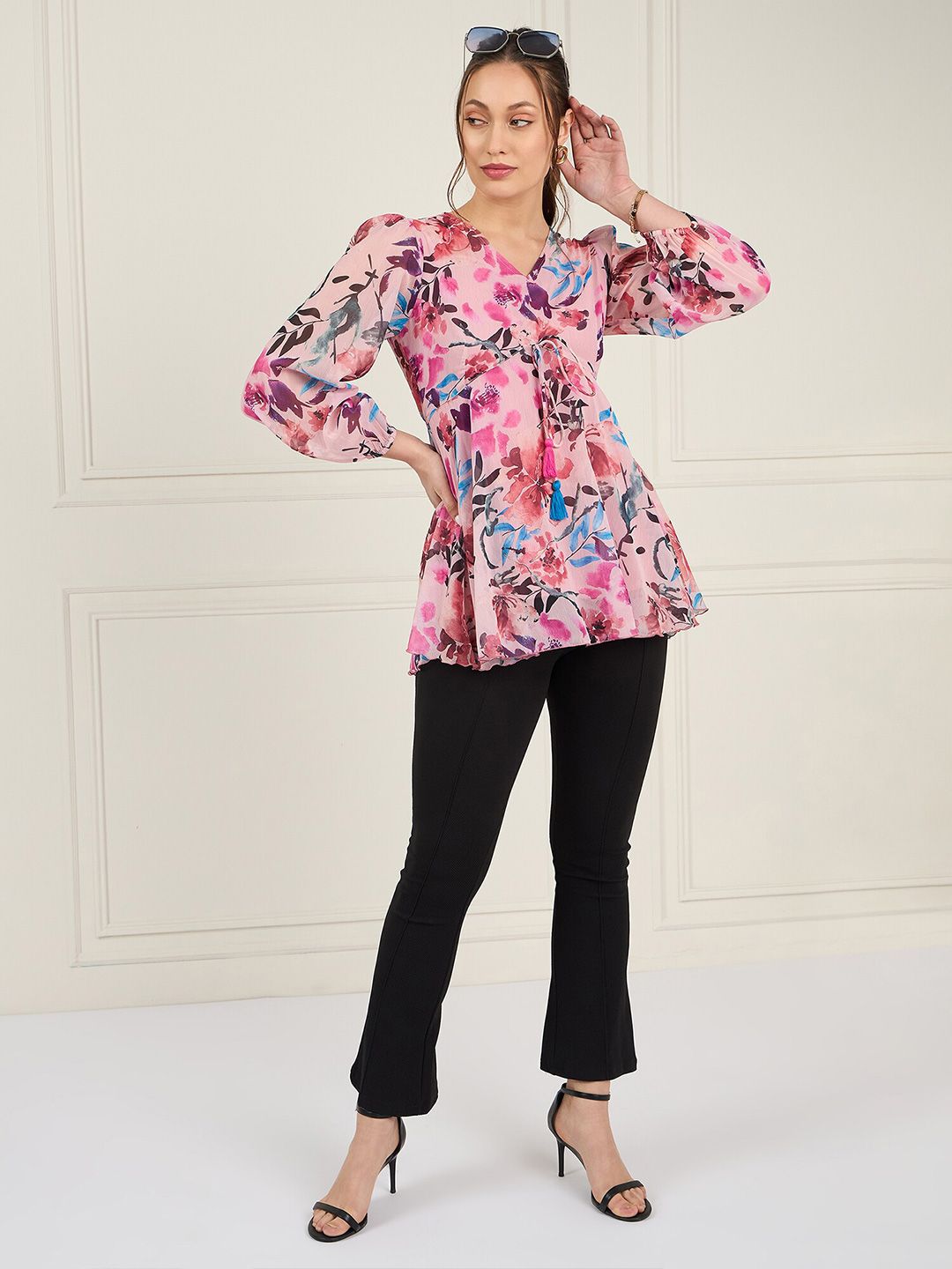 Antheaa Floral Print Puff Sleeve Chiffon Empire Top
