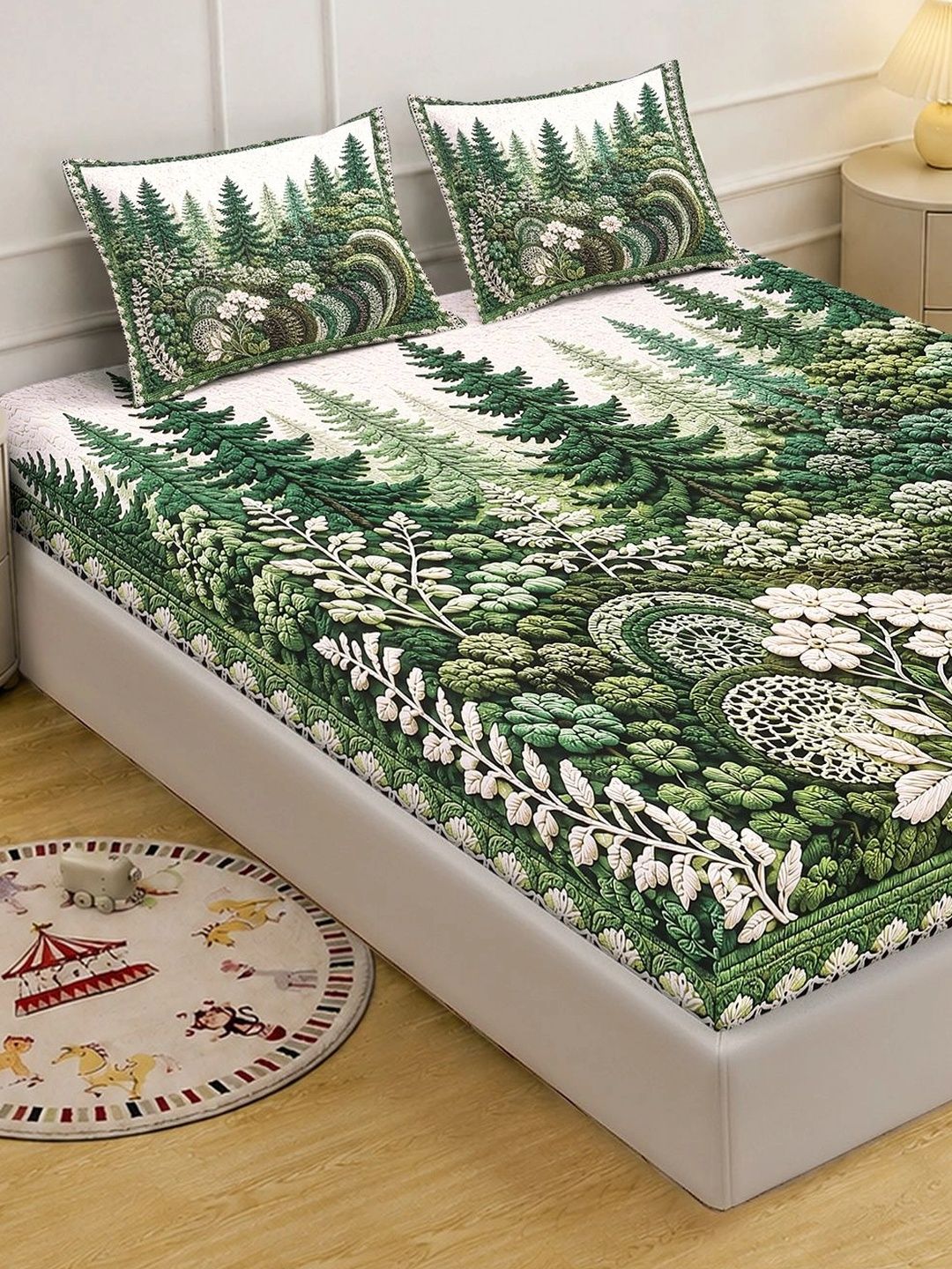 Myntra Elegant Homes Green & White Floral 400 TC Cadar Katil King dengan 2 Sarung Bantal