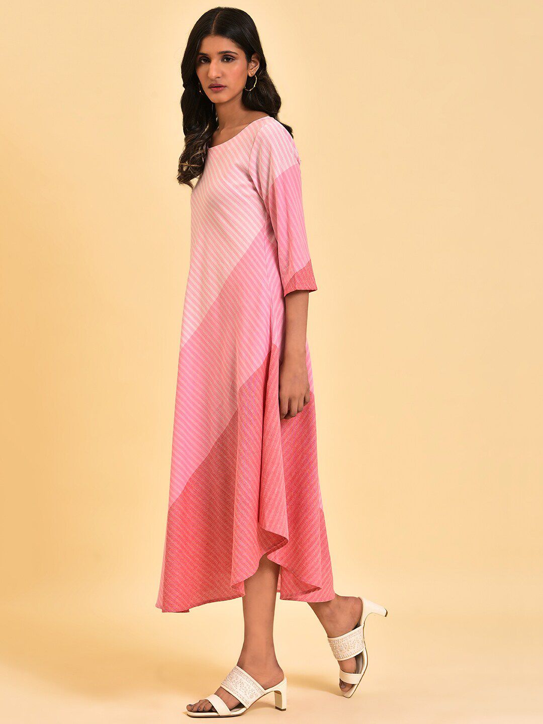 W Pink & Peach Coloured Colourblocked A Line Pure Cotton Midi Dress