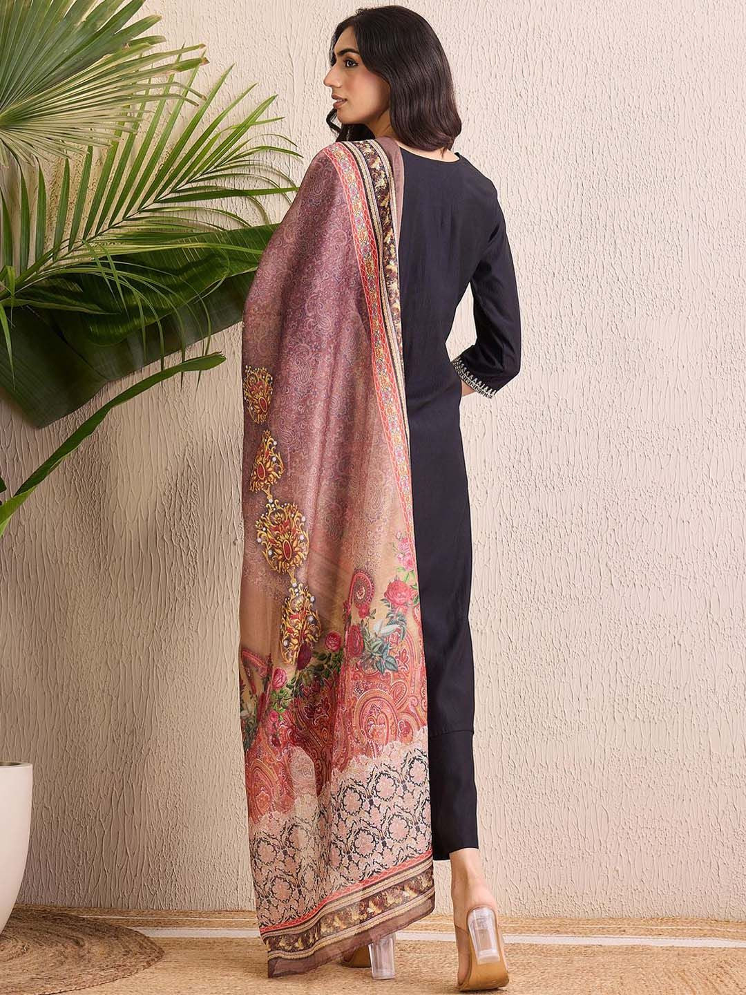 Indo Era Women Ethnic Motifs Embroidered Regular Liva Kurta with Trousers & With Dupatta