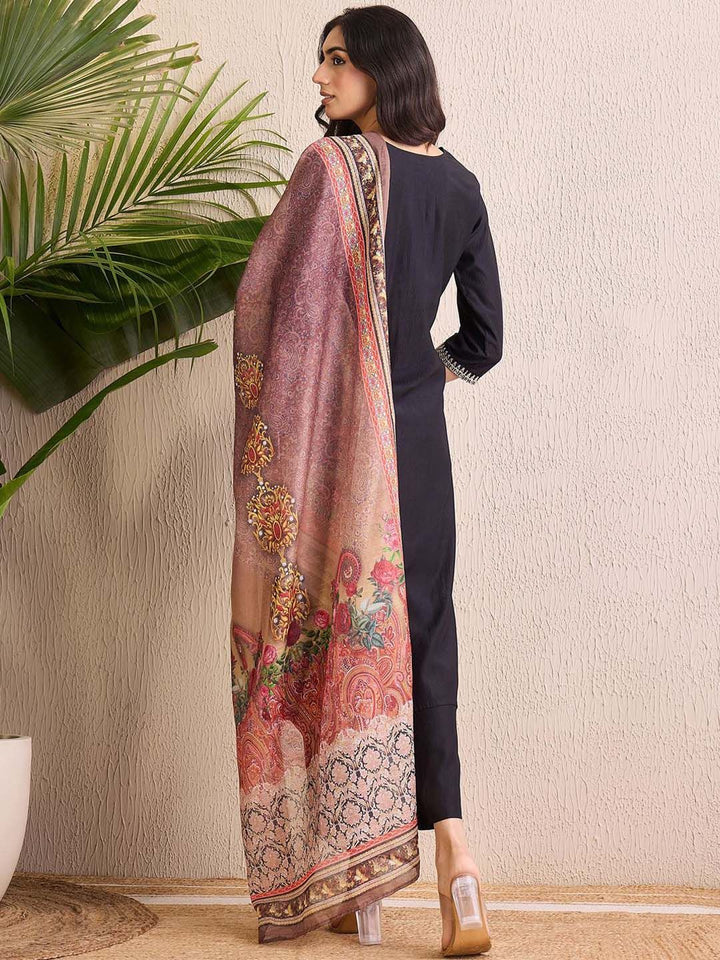 Indo Era Women Ethnic Motifs Embroidered Regular Liva Kurta with Trousers & With Dupatta
