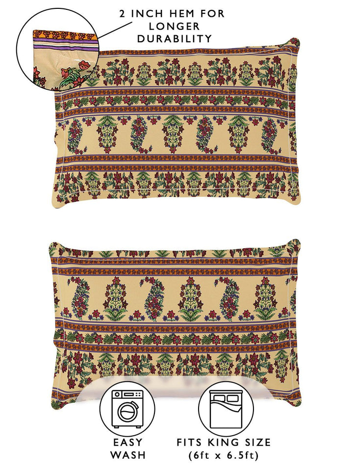 Story@home Arena Beige & Green Printed 180 TC Fitted King Bedsheet & 2 Pillow Covers
