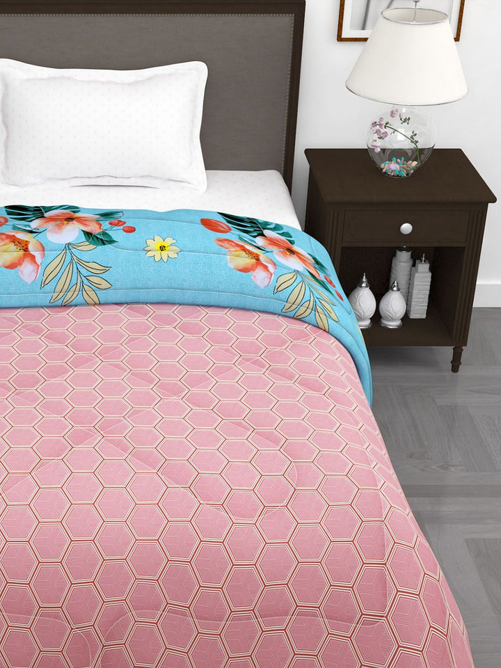 Story@home Pink & Blue Floral 180 GSM AC Room Reversible Single Bed Comforter