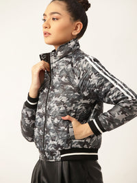 DressBerry Women Grey & Black Camouflage Quilted Jacket