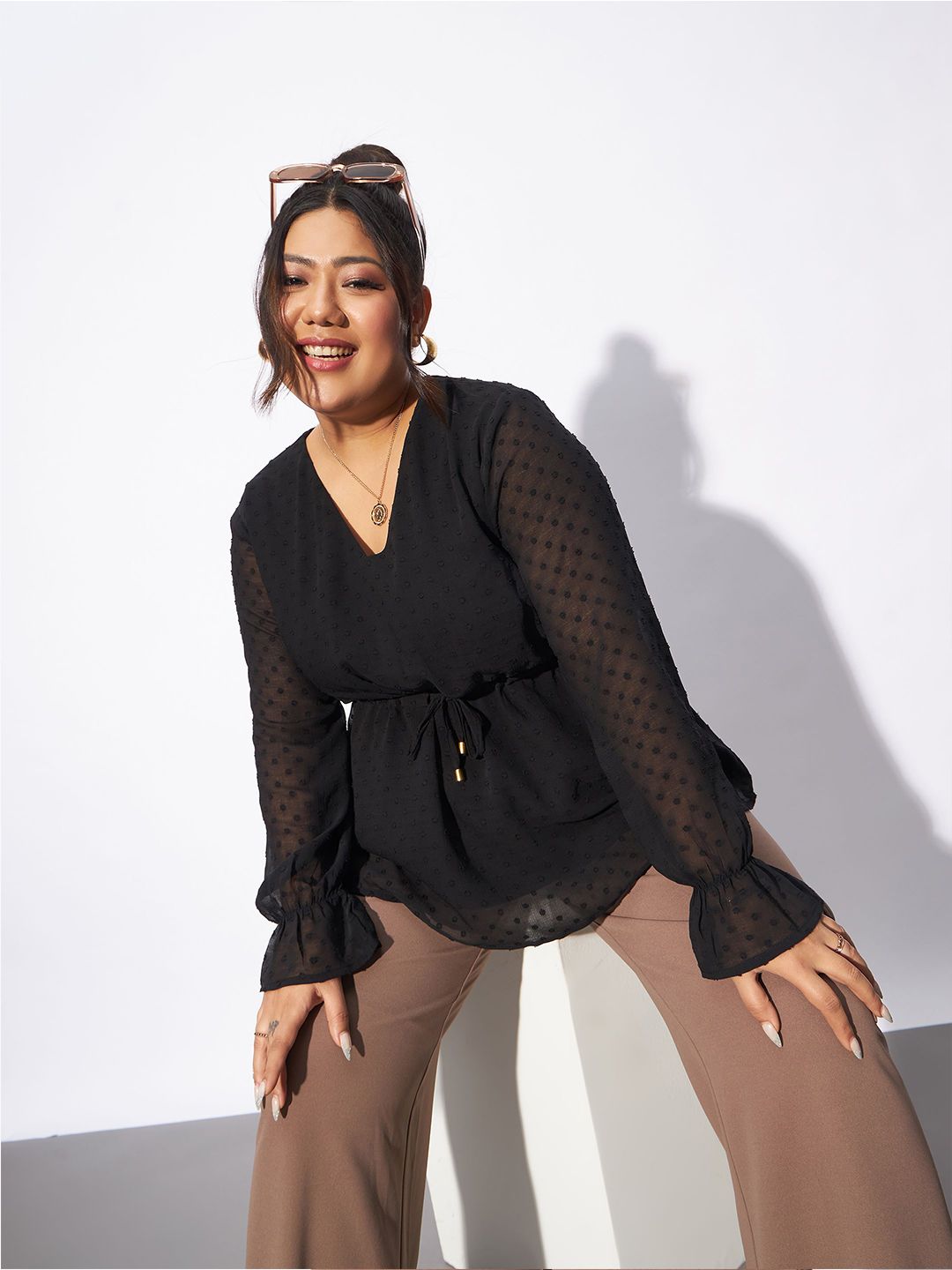 SASSAFRAS Curve Plus Size Self Design V-Neck Peplum Top