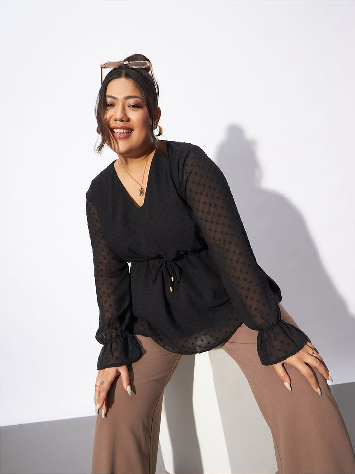 SASSAFRAS Curve Plus Size Self Design V-Neck Peplum Top