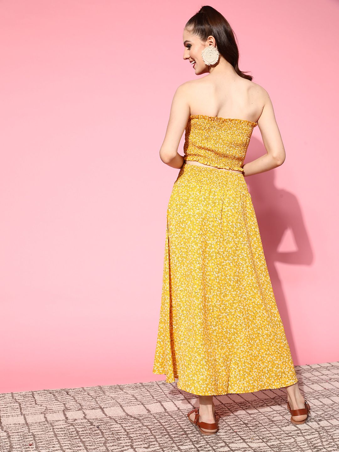 Berrylush Women Bright Yellow Printed Top with Skirt