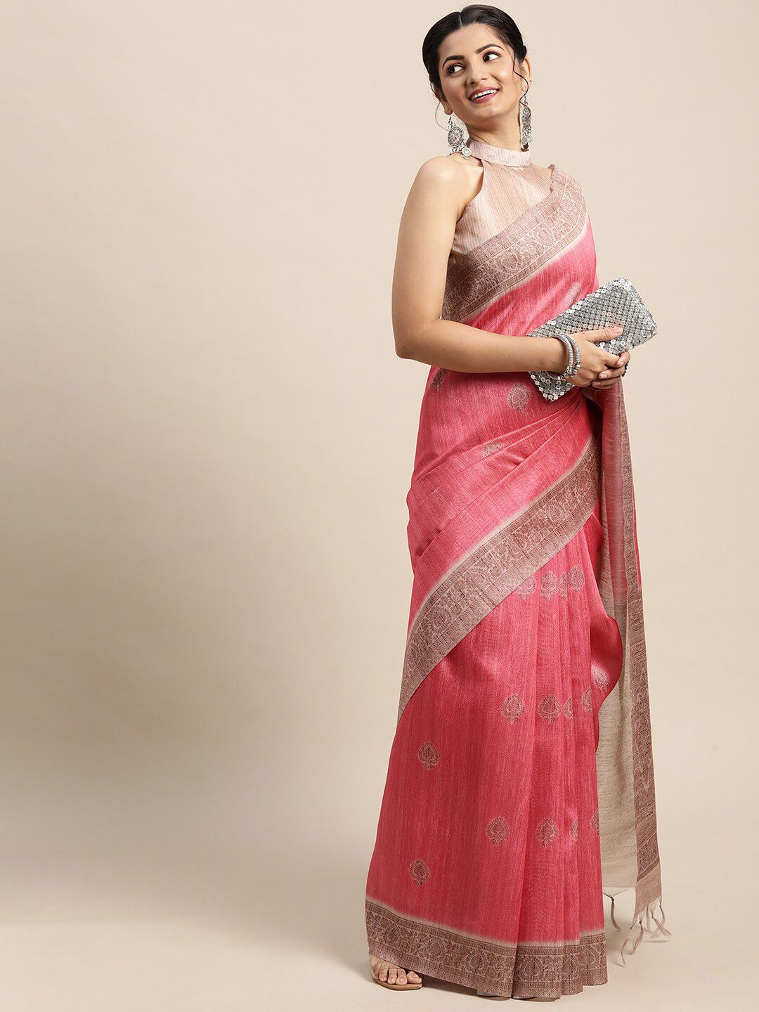 Saree mall Pink & Maroon Bagh Silk Blend Bagh Sarees