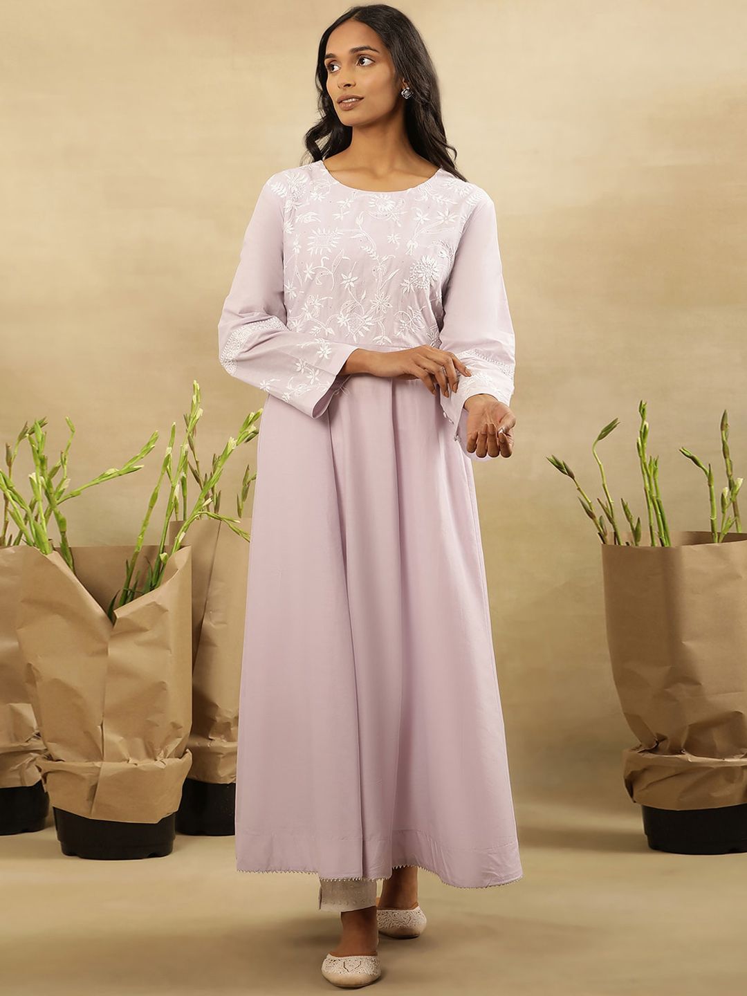W Floral Yoke Design Thread Work Pastels Pure Cotton Anarkali Kurta